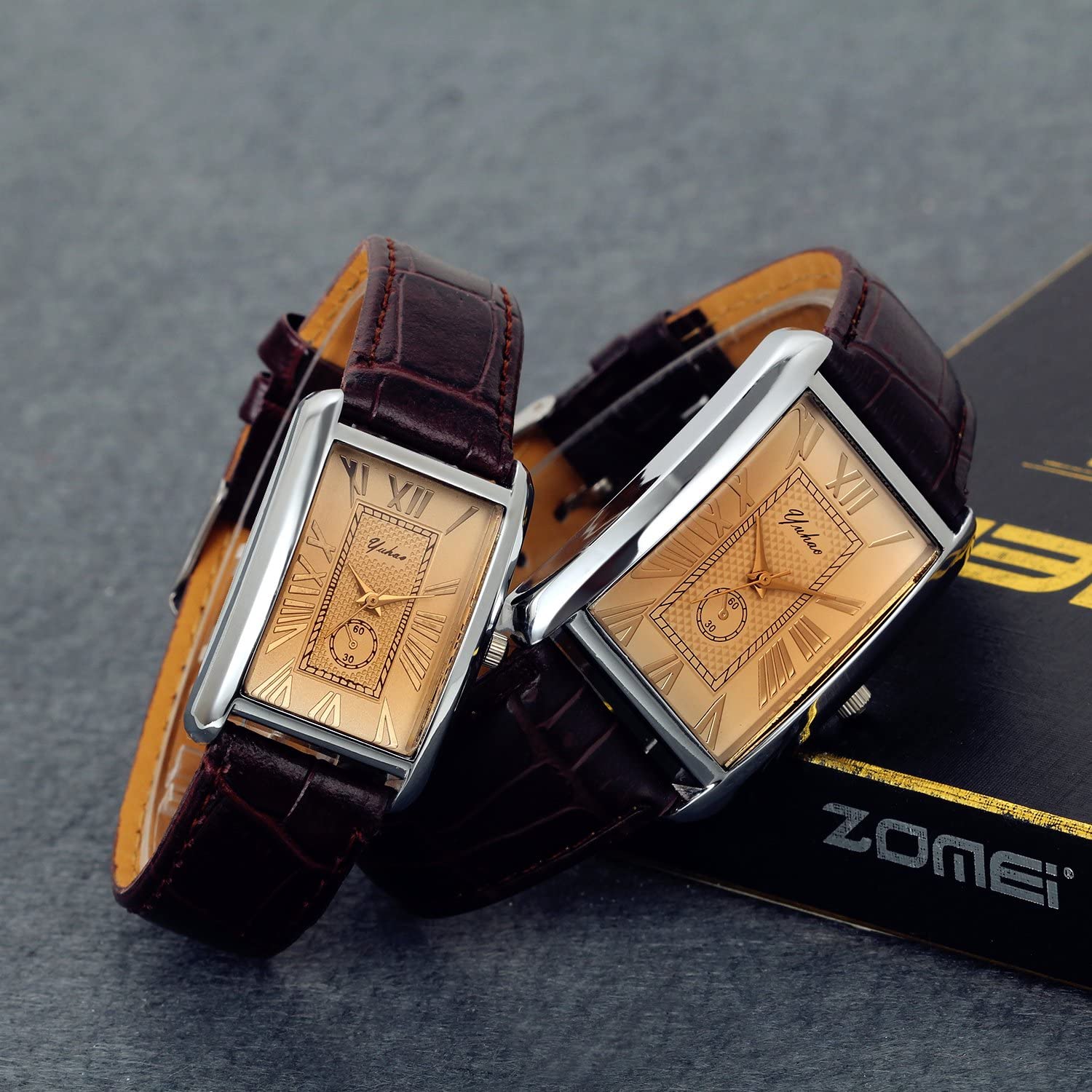 Lancardo Retro Vintage Square Quartz Analog Watch Silver Tone Case Crocodile Pattern Brown Leather Business Casual Dress Wrist Watch