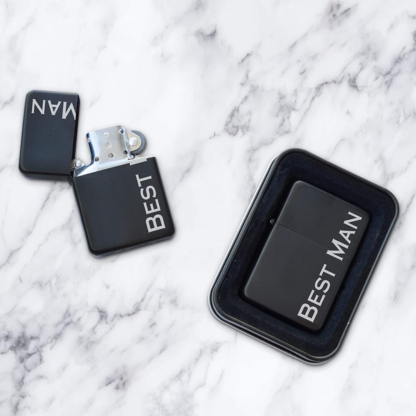 Engraved Matte Black Lighter with Gift Tin - Windproof, Flip-Top, Refillable (Will You Be My Groomsman)