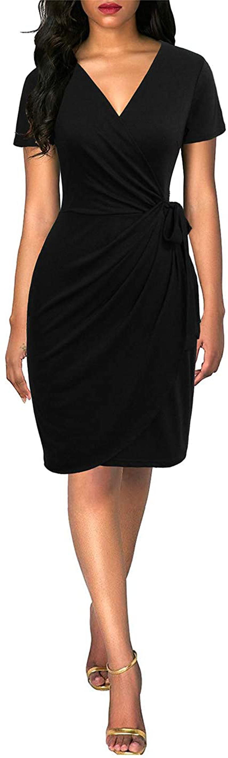 Lyrur Women's Classic V-Neck Casual Party Knee Length Sheath Work Short Sleeve Faux Black Wrap Dress