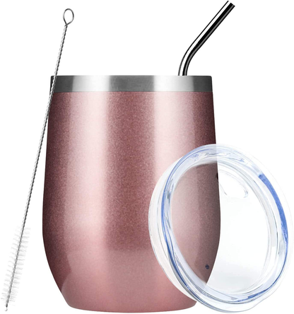 RUNSPORT Stainless Steel Wine Tumbler With Lid and Straws 12 Oz Double Wall Durable Stainless Steel Insulated Wine Glass for Wine, Coffee, Cocktails, Personalized Birthday and Holiday Gifts (Black)