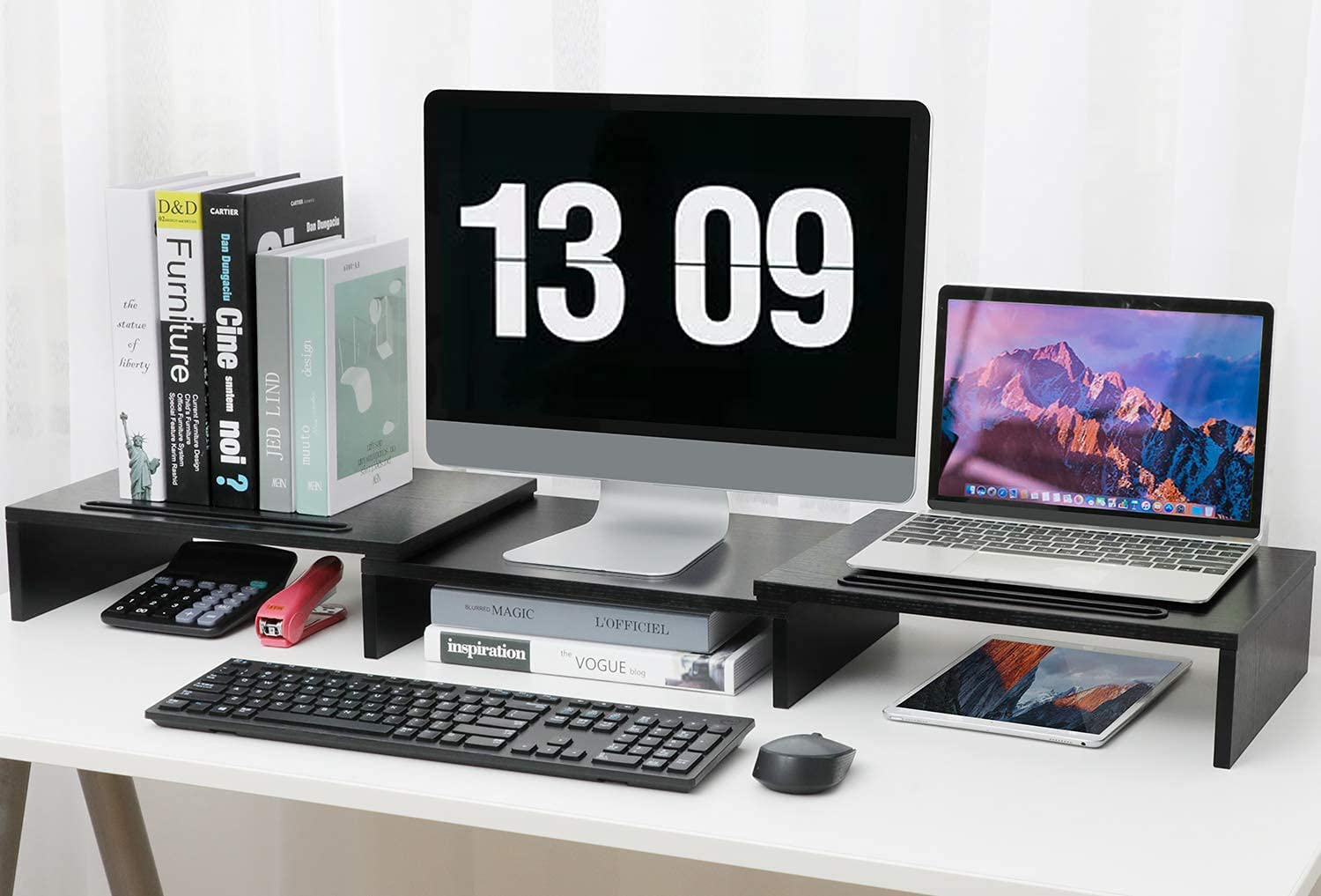 LORYERGO Dual Monitor Stand - Monitor Stand Riser, Adjustable Computer Stand, w/Slot for Tablet & Cellphone，Screen Stand w/Big Storage, Double Monitor Riser for PC, Computer, Laptop