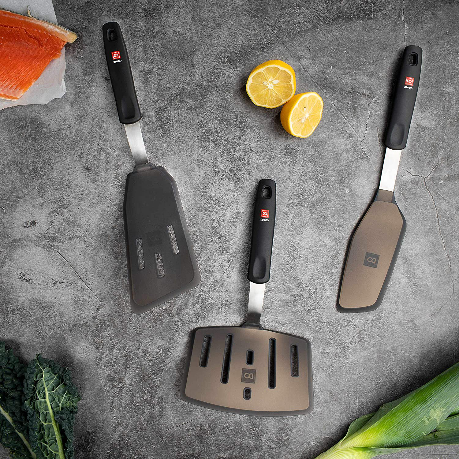 New DI ORO Designer Series Elite 3-Piece Turner Spatula Set - 600F Heat-Resistant Rubber Silicone Spatulas - Includes Slotted Fish, Omelet, and Wide Slotted Turners - LFGB Certified and BPA Free
