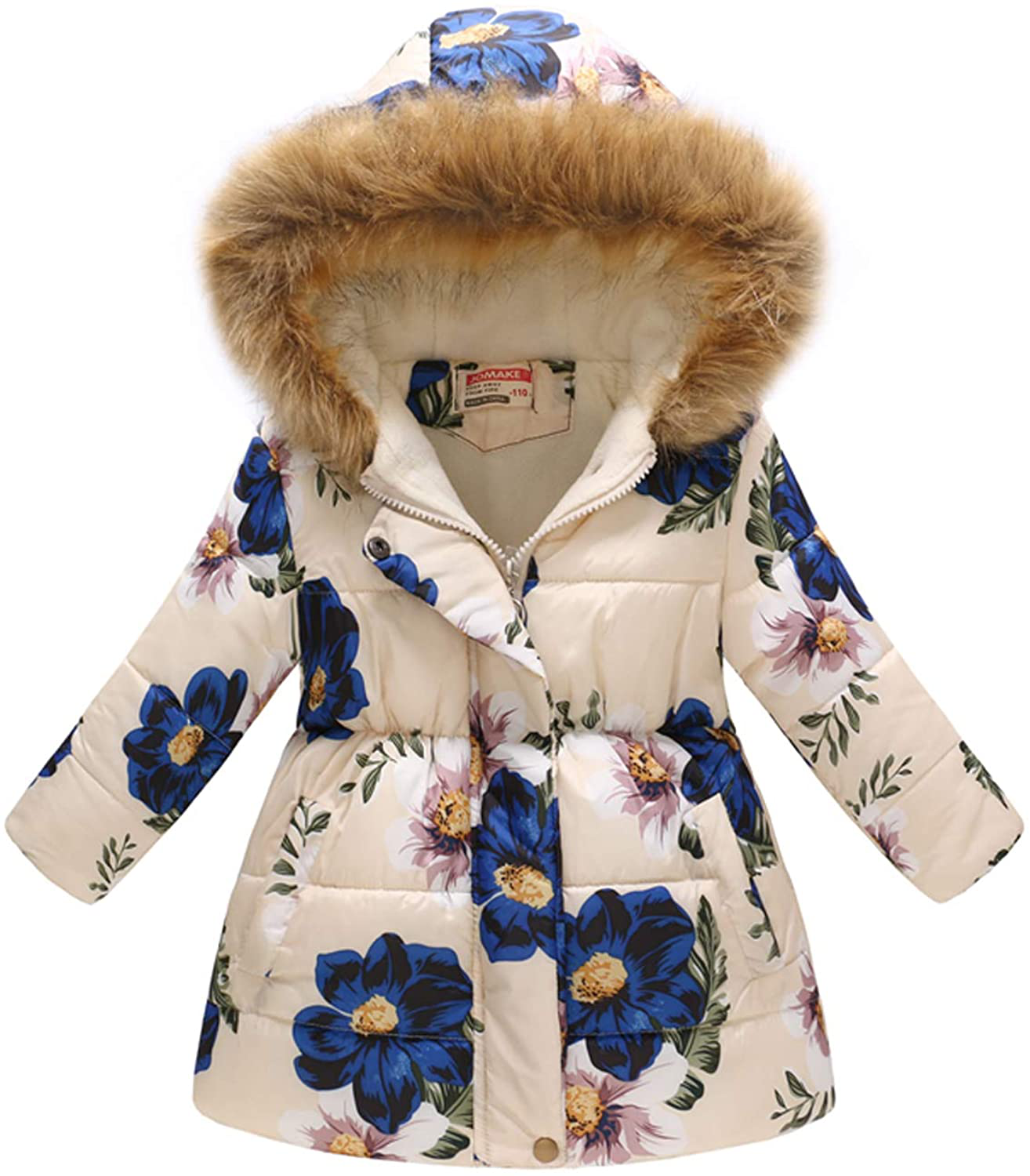 UWBACK Winter Coat for Girls Hooded Floral Print Kids Warm Cotton Parka