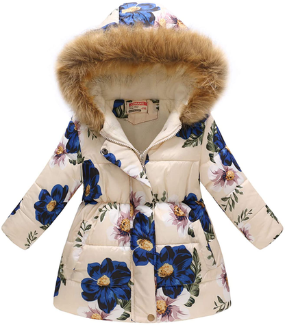 UWBACK Winter Coat for Girls Hooded Floral Print Kids Warm Cotton Parka