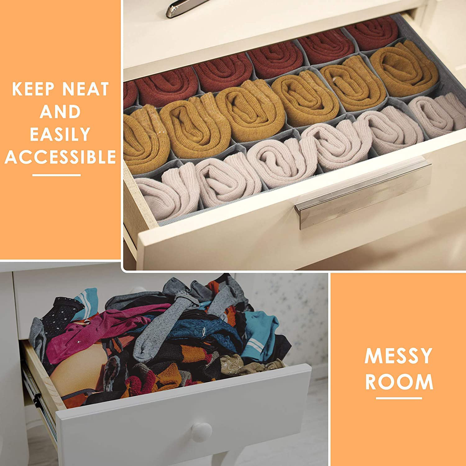 3 Pack Sock Underwear Organizer Dividers, 64 Cell Fabric Foldable Cabinet Closet Organizers and Storage Boxes for Storing Socks, Underwear, Ties (16+24+24 Cell, Black)