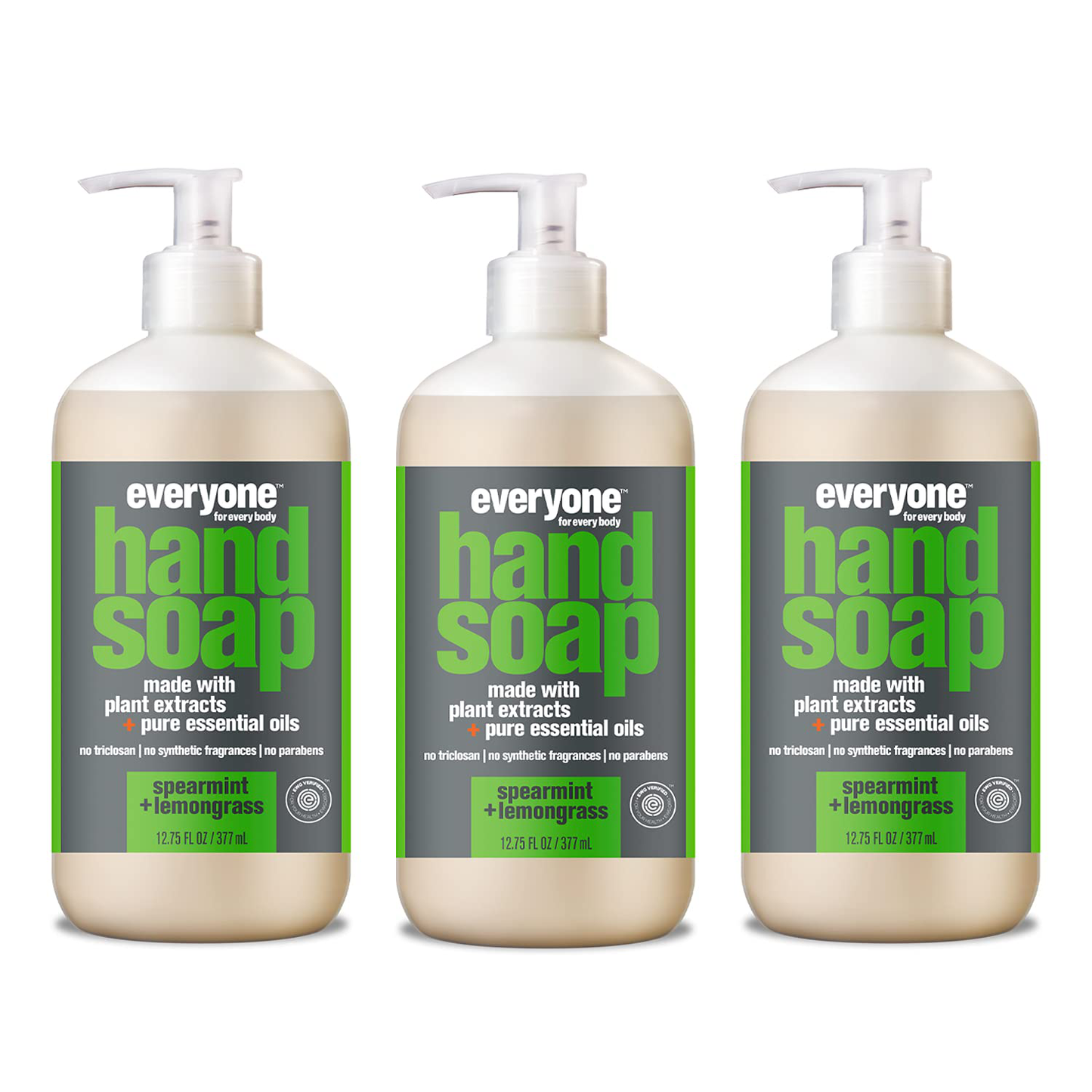 Everyone Liquid Hand Soap, 12.75 Ounce (Pack of 3), Spearmint and Lemongrass, Plant-Based Cleanser with Pure Essential Oils (Packaging May Vary)