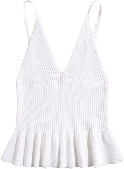 SweatyRocks Women's Casual Knit Top Sleeveless Ruffle Hem V Neck Peplum Crop Tank Top
