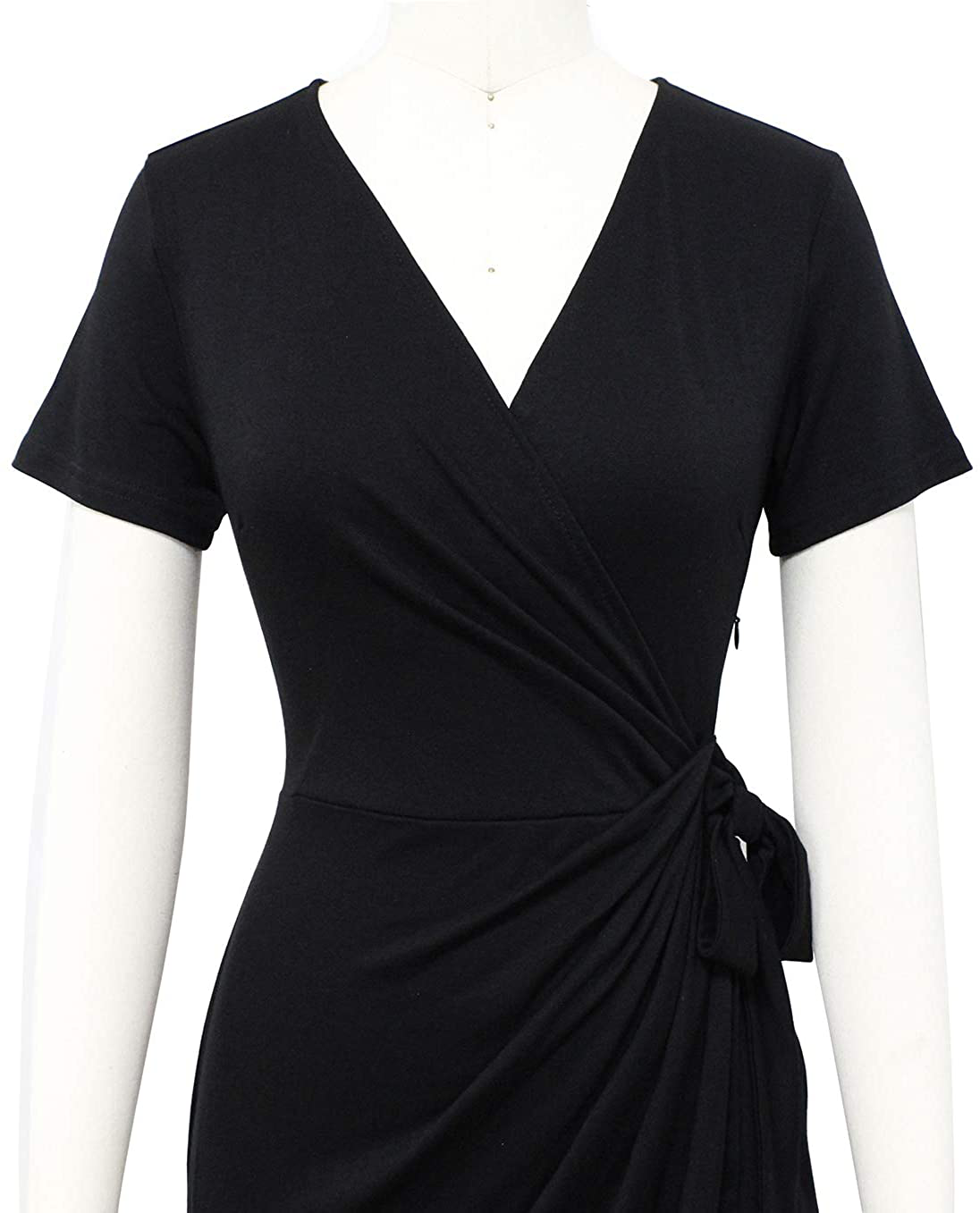 Lyrur Women's Classic V-Neck Casual Party Knee Length Sheath Work Short Sleeve Faux Black Wrap Dress