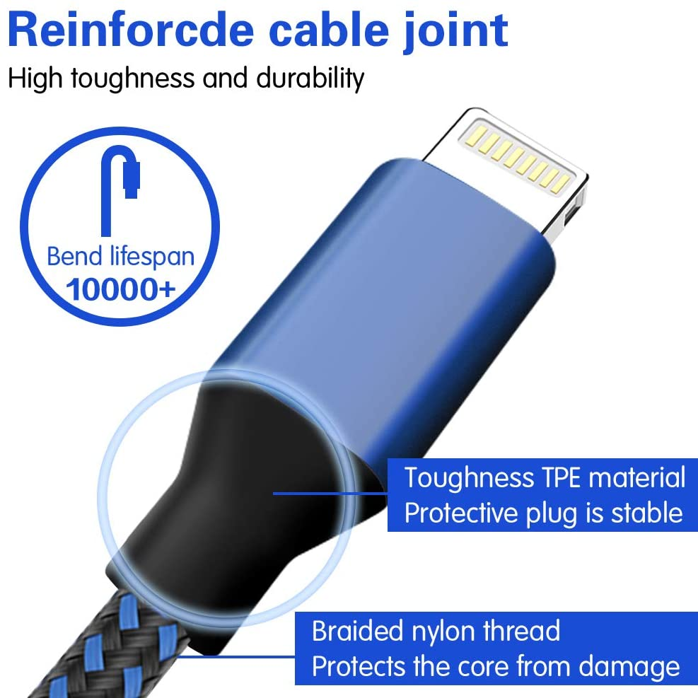 5 Pack(3/3/6/6/10ft) Nylon Braided Compatible iPhone Charger Lightning Cable Fast Charging