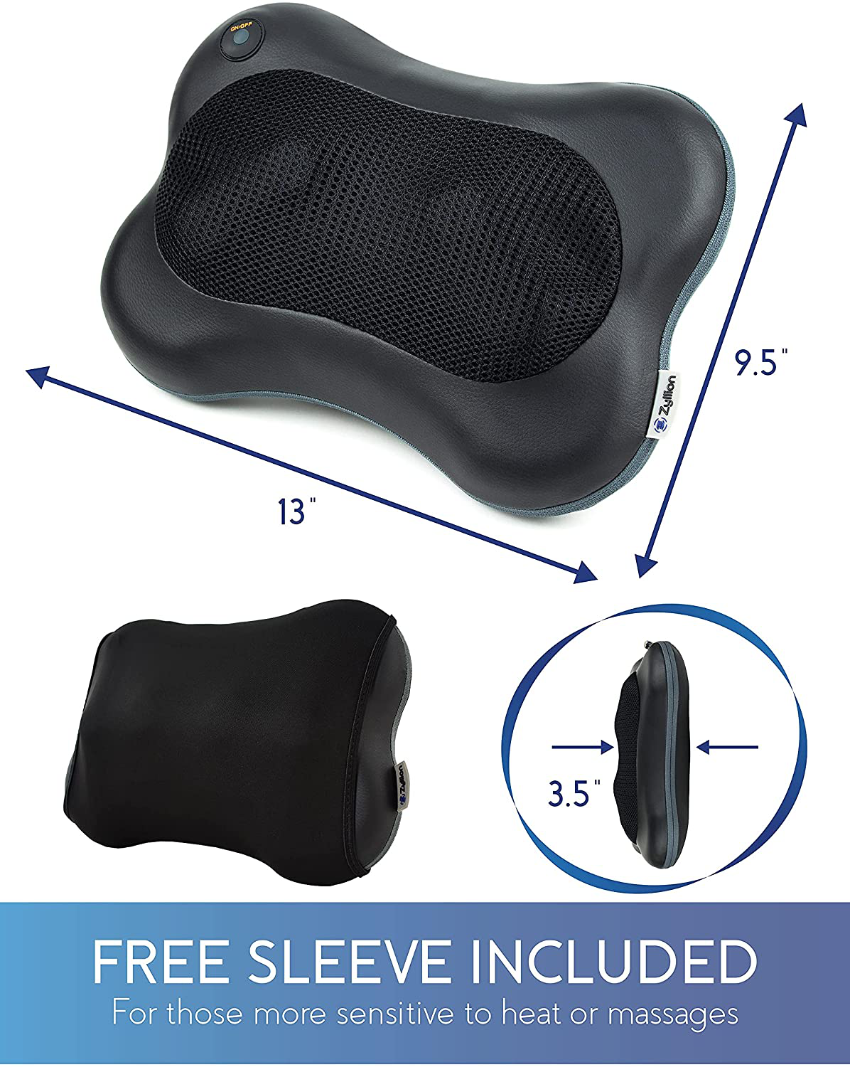 Zyllion Shiatsu Back and Neck Massager - Kneading Massage Pillow with Heat for Shoulders, Calf, Legs, Feet, Hands, Home, Office, Chair and Car - Black (ZMA-13-BK)