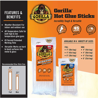 Gorilla Dual Temp Mini Hot Glue Gun Kit with 30 Hot Glue Sticks, (Pack of 1)