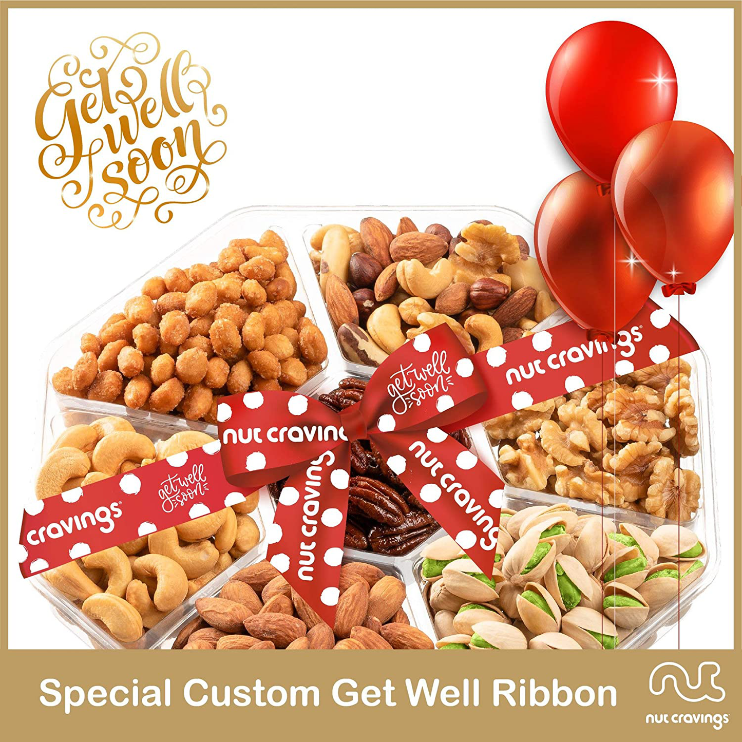 Get Well Soon Gift Basket, Nut Arrangement Platter + Red Ribbon (7 Piece Assortment) Feel Better After Surgery Recovery Care Package Variety, Healthy Food Kosher Snack Box for Women, Men, Adults