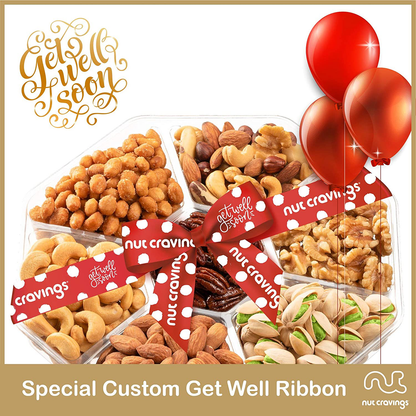 Get Well Soon Gift Basket, Nut Arrangement Platter + Red Ribbon (7 Piece Assortment) Feel Better After Surgery Recovery Care Package Variety, Healthy Food Kosher Snack Box for Women, Men, Adults
