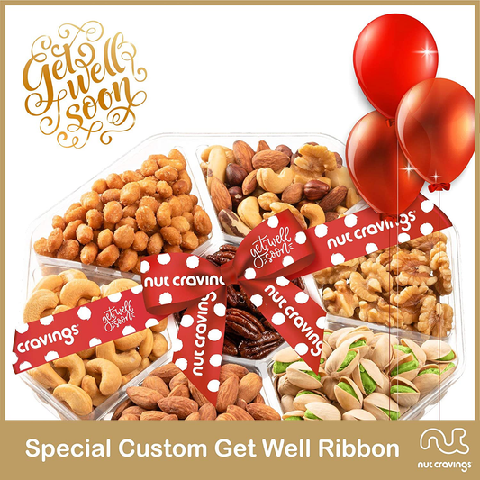 Get Well Soon Gift Basket, Nut Arrangement Platter + Red Ribbon (7 Piece Assortment) Feel Better After Surgery Recovery Care Package Variety, Healthy Food Kosher Snack Box for Women, Men, Adults