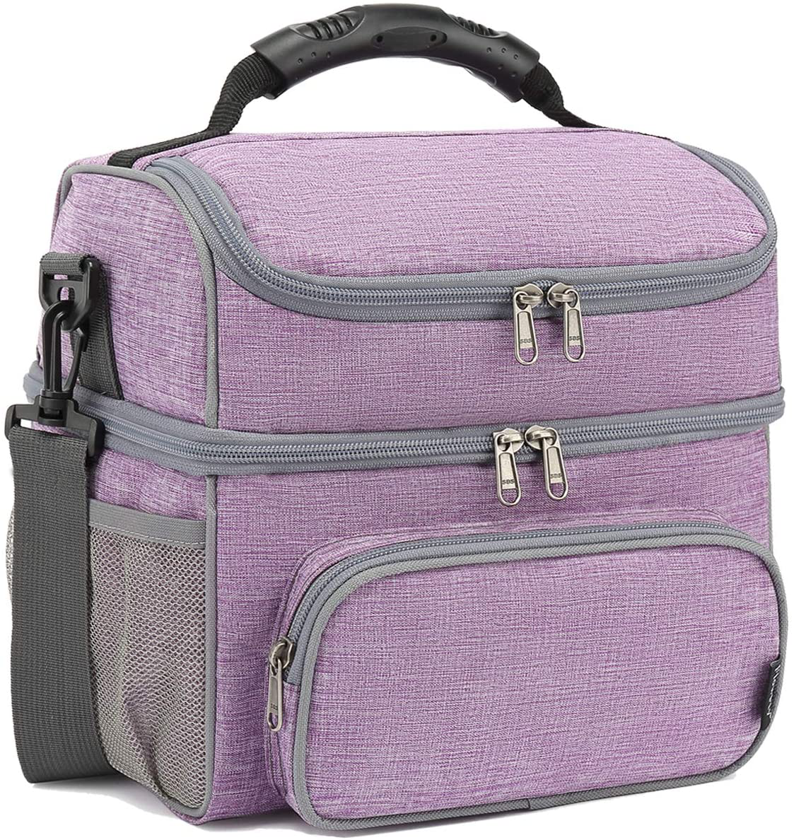 FlowFly Double Layer Cooler Insulated Lunch Bag Adult Lunch Box Large Tote Bag for Men, Women, With Adjustable Strap,Front Pocket and Dual Large Mesh Side Pockets,Purple