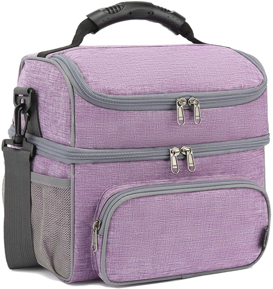 FlowFly Double Layer Cooler Insulated Lunch Bag Adult Lunch Box Large Tote Bag for Men, Women, With Adjustable Strap,Front Pocket and Dual Large Mesh Side Pockets,Purple