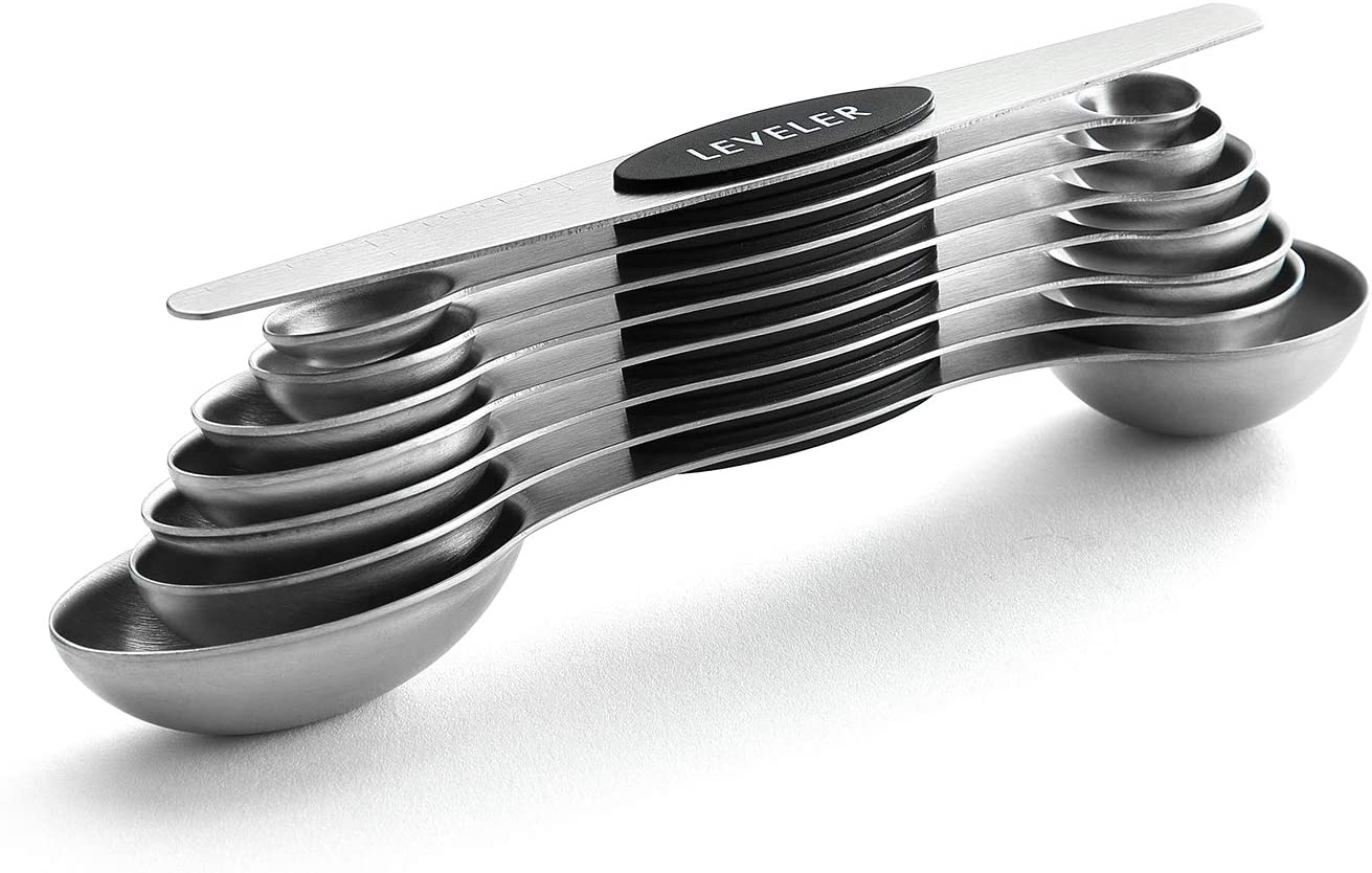 Spring Chef Magnetic Measuring Spoons Set, Dual Sided, Stainless Steel, Fits in Spice Jars, Black, Set of 8