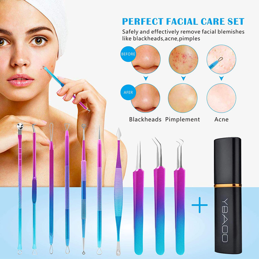 Blackhead Remover Extractor Tool, Ybaoo 10 Pcs Professional Surgical Pimple Popper Tool Kit with Metal Case for Quick and Easy Removal of Blackheads,Pimples,Zit Removing,Facial and Nose(Colorful)