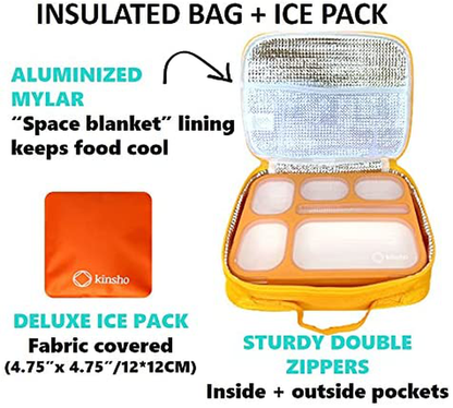 Bento-Box with Bag and Ice Pack Set. Lunch Boxes Snack Containers for Kids Boys Girls Adults. 6 Compartments, Leakproof Portion Container Boxes Insulated Bags for School Lunches, Blue