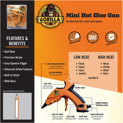 Gorilla Dual Temp Mini Hot Glue Gun Kit with 75 Hot Glue Sticks, (Pack of 1)