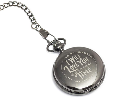 Engraved Wedding Anniversary Pocket Watch with Chain for Husband, a Classy Gift Set for Him with Elegant Gift Box, 1 Year Anniversary Gift Clock