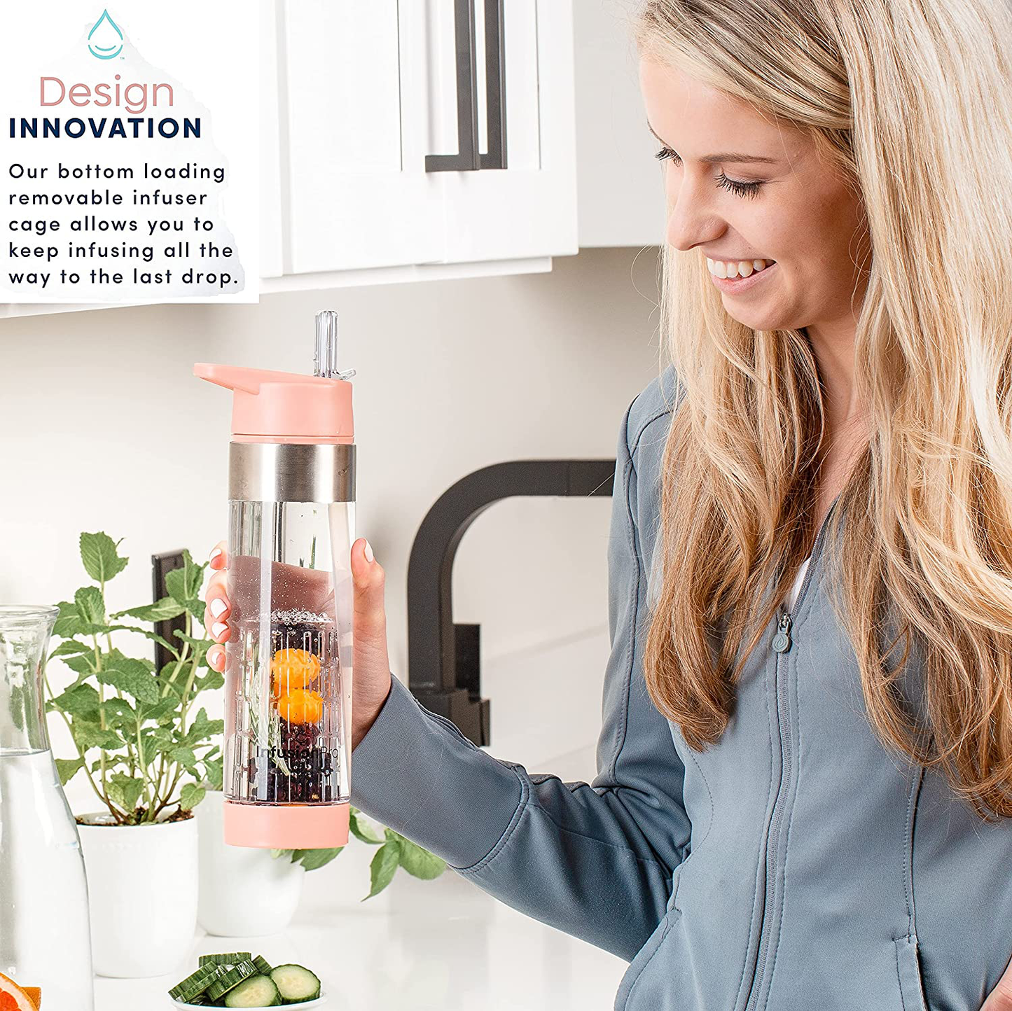 Infusion Pro Fruit Infuser Water Bottle with Straw Lid 24 oz : Flip-Up Water Bottle Straw : Insulated Sleeve & Fruit Infusion Water eBook : Bottom Loading Water Infuser for More Flavor - Kauai Sunset