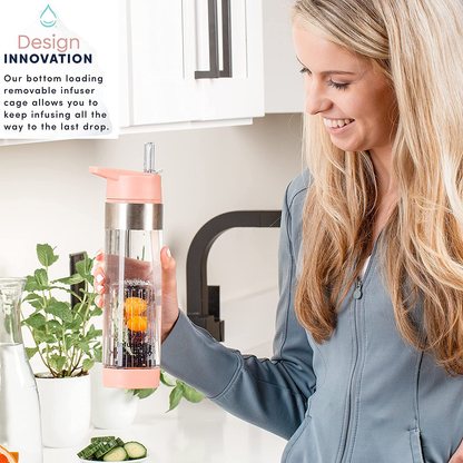 Infusion Pro Fruit Infuser Water Bottle with Straw Lid 24 oz : Flip-Up Water Bottle Straw : Insulated Sleeve & Fruit Infusion Water eBook : Bottom Loading Water Infuser for More Flavor - Kauai Sunset