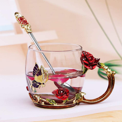 Luka Tech Enamels Butterfly flower Lead-free Glass Coffee Mugs Tea Cup with Steel Spoon, personalised Gifts For Women Wife Mom Friends Birthday Mothers Valentines Day Wedding (Blue-Tall)