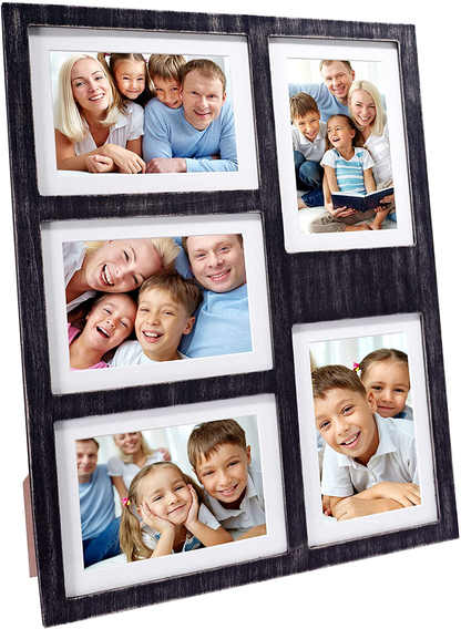GLM Collage Picture Frames for 4x6 and 5x7 Photos with Glass and Mat, Photo Frame Collage for Wall Holds Five 4x6 Or 5x7 Photos - Picture Frames Collage Rustic Distressed (Gray)