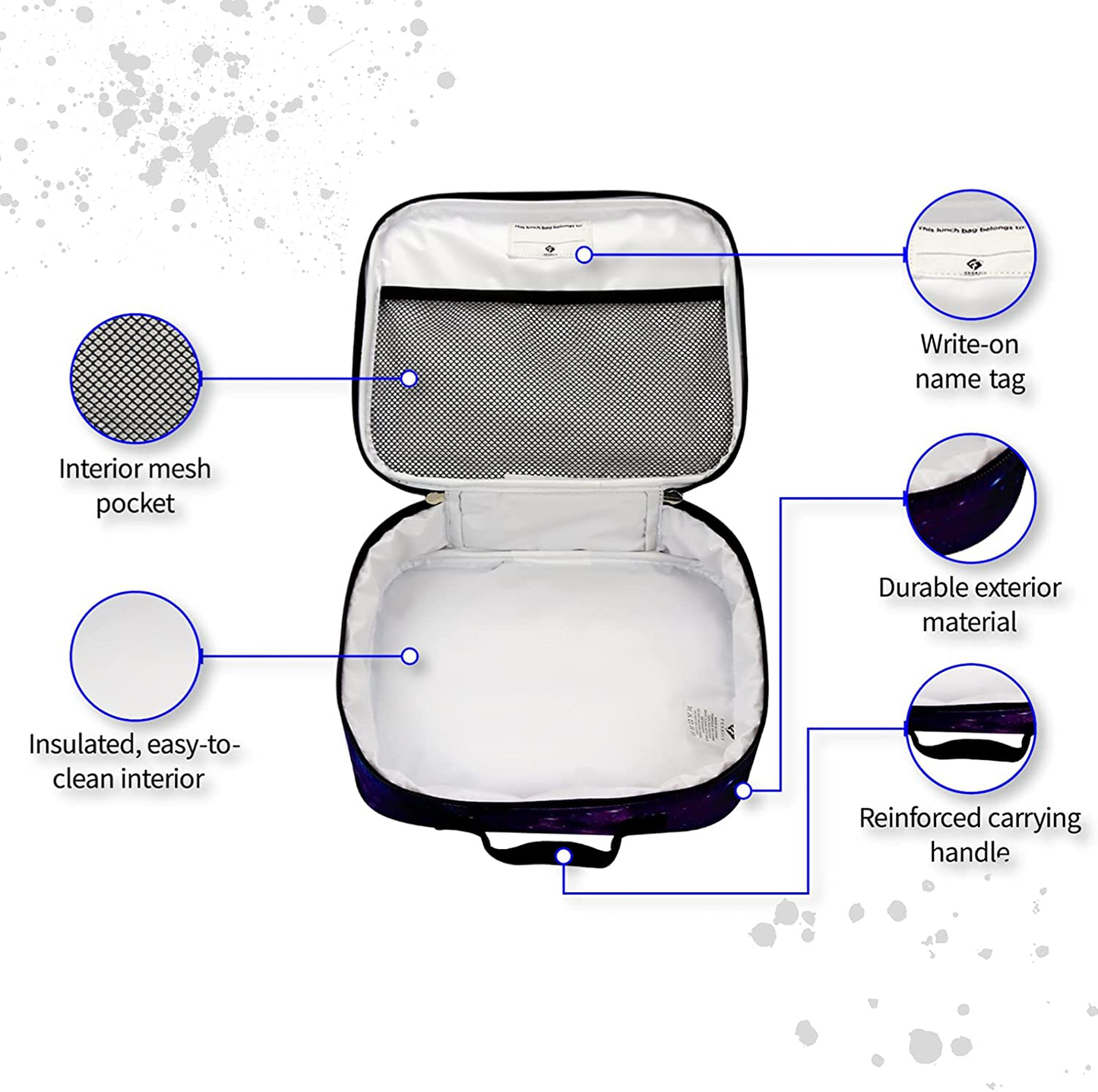 Fenrici Tie Dye Lunch Box for Boys, Girls, Kids Insulated Lunch Bag, Soft Sided Compartments, Spacious, BPA Free, Food Safe, 10.8in x 9.2in x 3.8in (Indigo Blue Tie Dye)