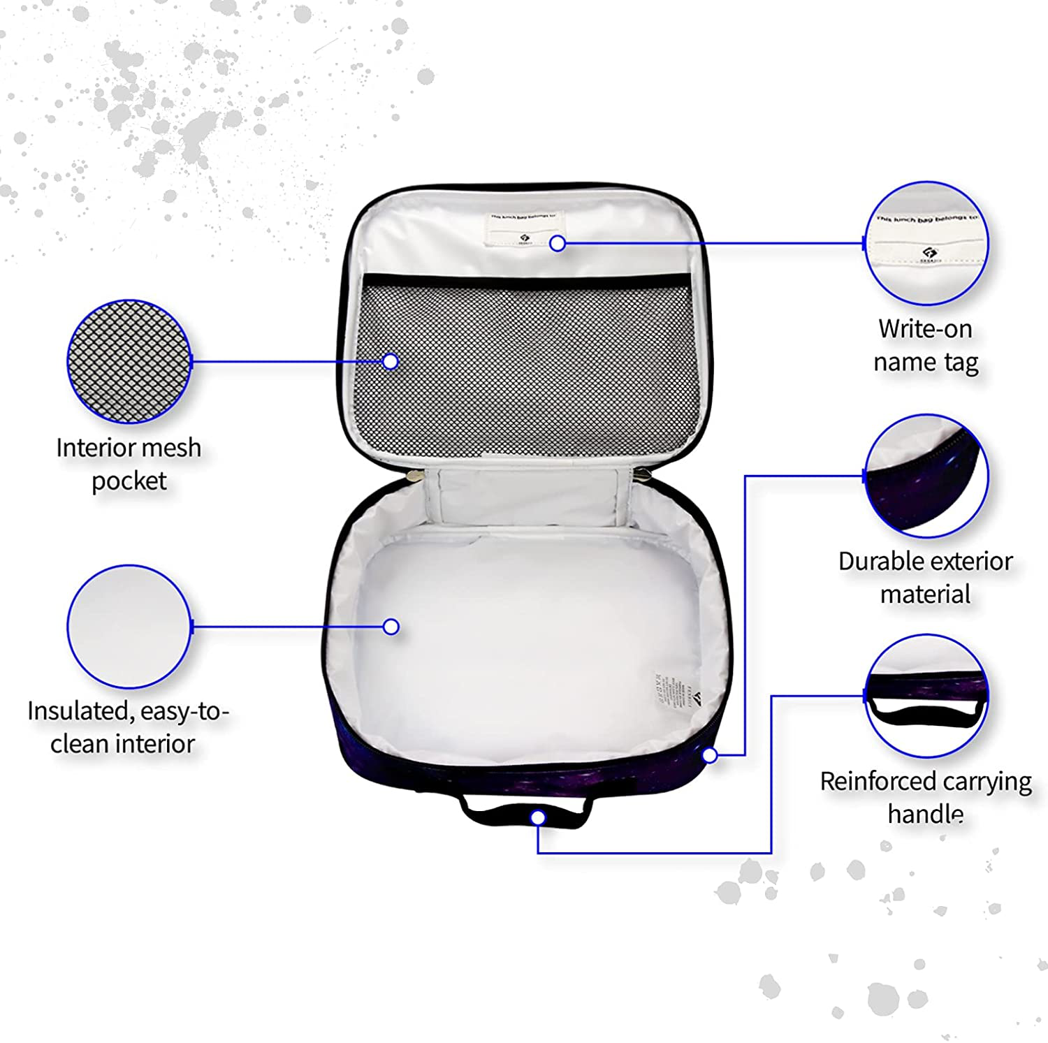 Fenrici Tie Dye Lunch Box for Boys, Girls, Kids Insulated Lunch Bag, Soft Sided Compartments, Spacious, BPA Free, Food Safe, 10.8in x 9.2in x 3.8in (Indigo Blue Tie Dye)
