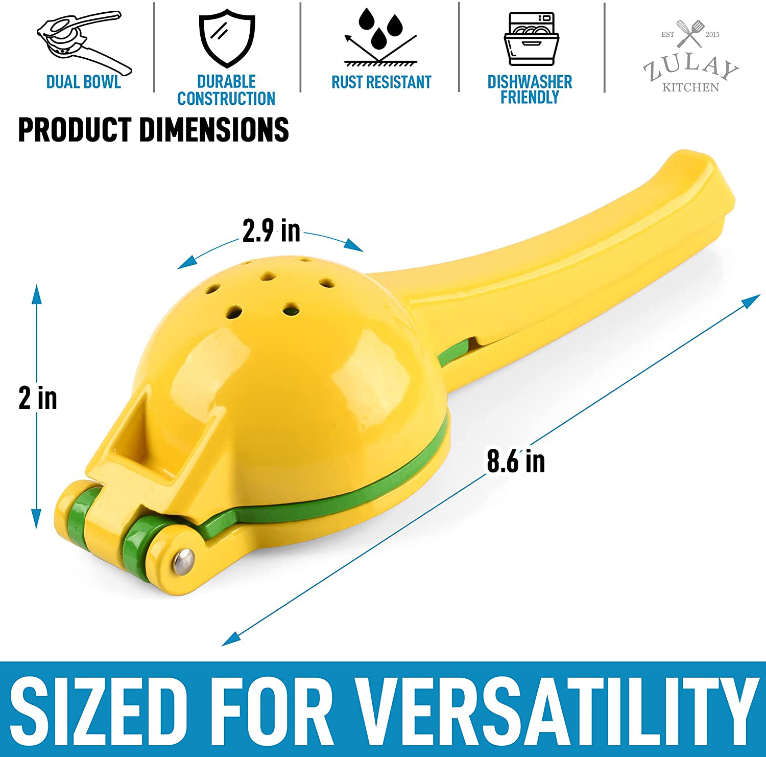 Zulay Metal 2-In-1 Lemon Lime Squeezer - Hand Juicer Lemon Squeezer - Max Extraction Manual Citrus Juicer (Blue Yellow)