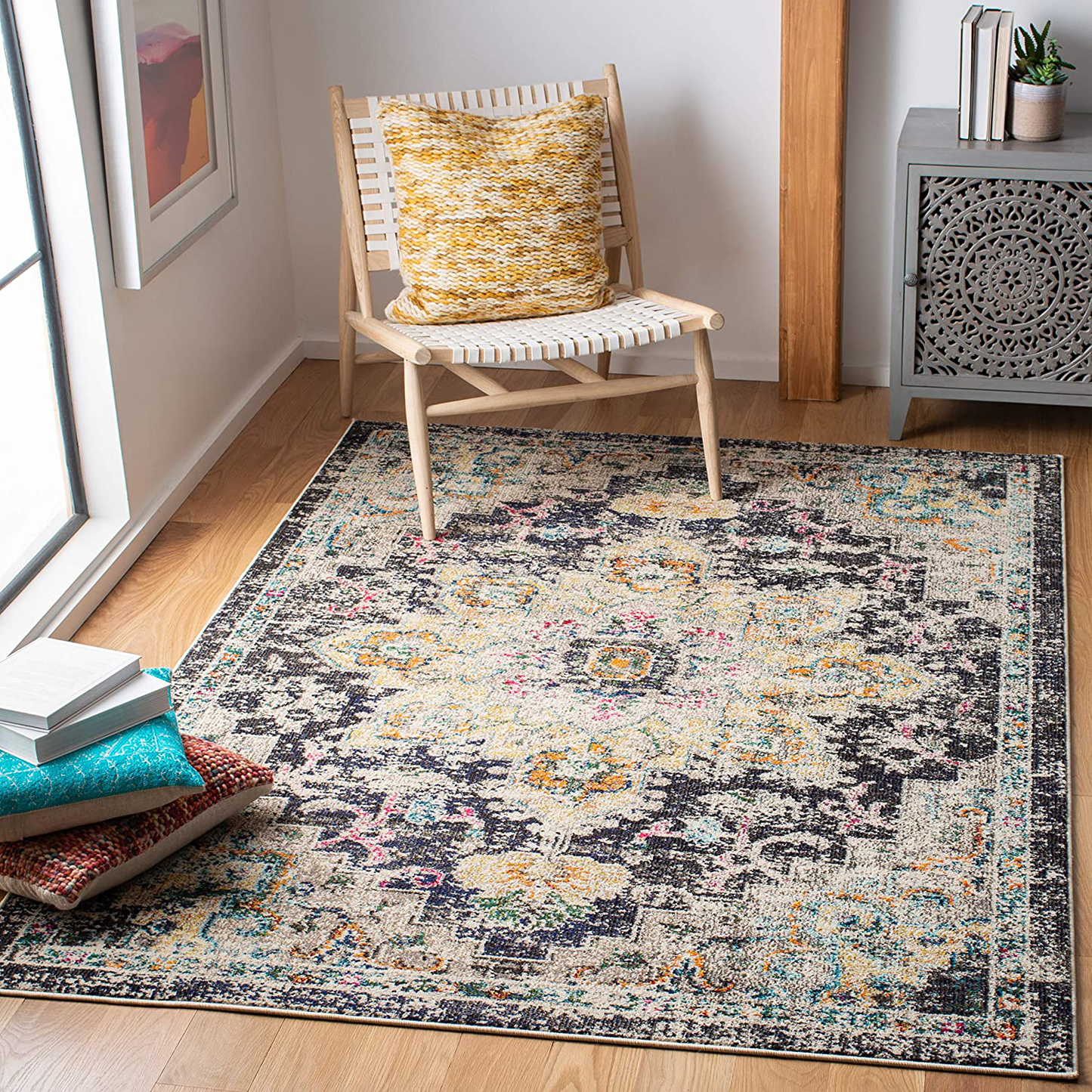 Safavieh Madison Collection MAD473Z Boho Chic Medallion Distressed Non-Shedding Stain Resistant Living Room Bedroom Area Rug, 3' x 5', Black / Gold