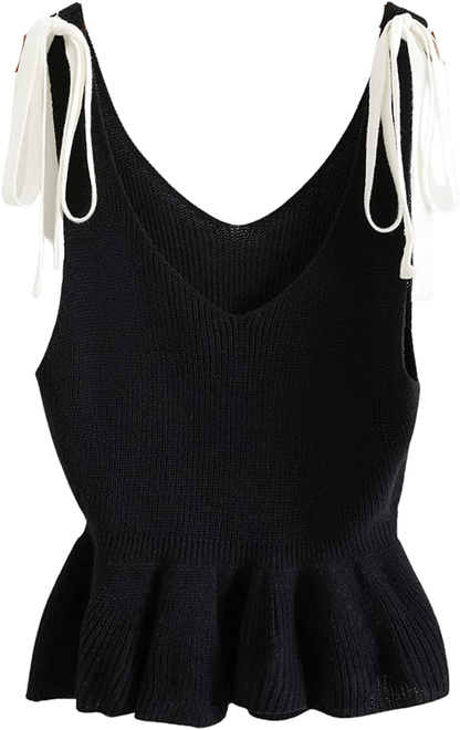 SweatyRocks Women's Casual Knit Top Sleeveless Ruffle Hem V Neck Peplum Crop Tank Top