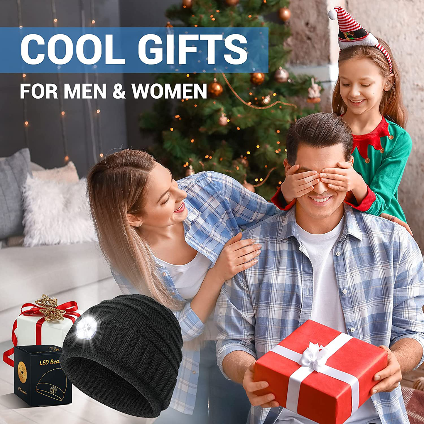 Mens Gifts Beanie Hat with Light - Christmas Stocking Stuffers Women Men Rechargeable Headlamp Cap LED Flashlight Winter Hats Camping Running Fishing Gear Gift Ideas for Dad Mom Family Boyfriend Teen