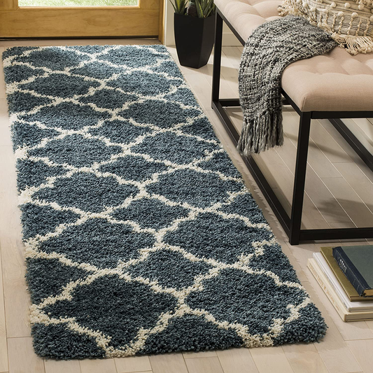 SAFAVIEH Hudson Shag Collection SGH282L Moroccan Trellis Non-Shedding Living Room Bedroom Dining Room Entryway Plush 2-inch Thick Runner, 2'3" x 10' , Slate Blue / Ivory
