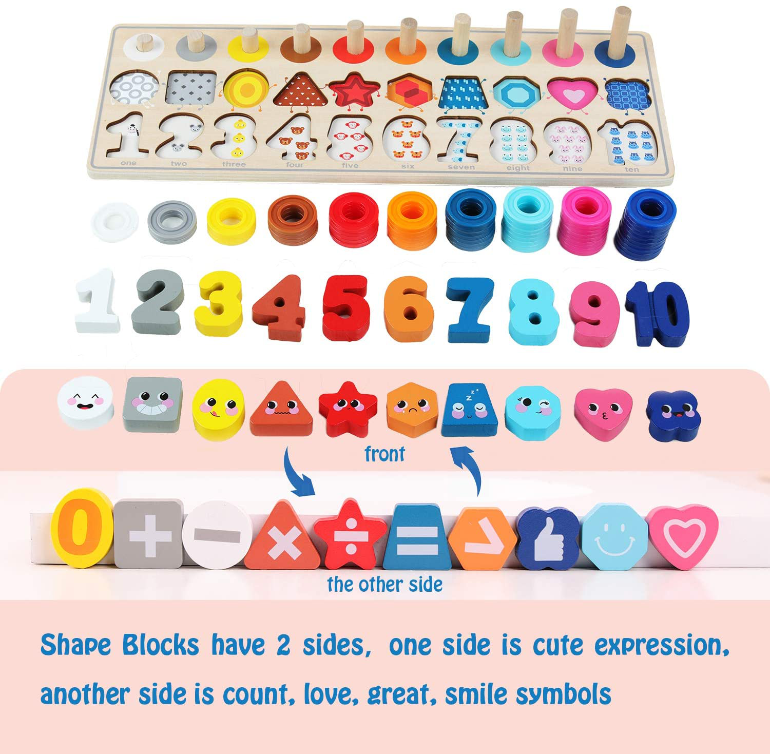 QZMTOY Preschool Educational Learning Montessori Toys for Kids, Toddler Puzzles Number Shape Sorter Counting Stacker with Clock Weather, Boys Girls Activities Math Game Gift for Age 3 4 5 Years