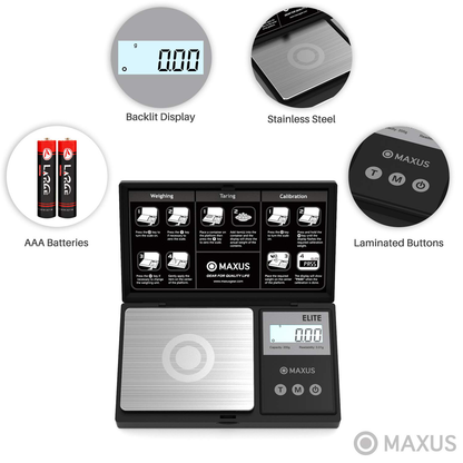 Precision Pocket Scale 200g x 0.01g, MAXUS Elite Digital Gram Scale Small Herb Scale Mini Food Scale Jewelry Scale Ounces/ Grains Scale, Easy to Carry, Great for Travel ,Backlit LCD, Stainless Steel