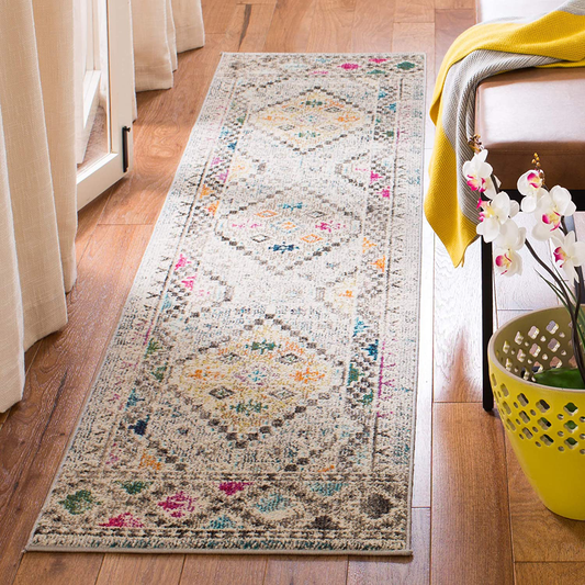 Safavieh Madison Collection MAD418F Boho Diamond Distressed Non-Shedding Stain Resistant Living Room Bedroom Runner, 2' x 8' , Grey / Yellow