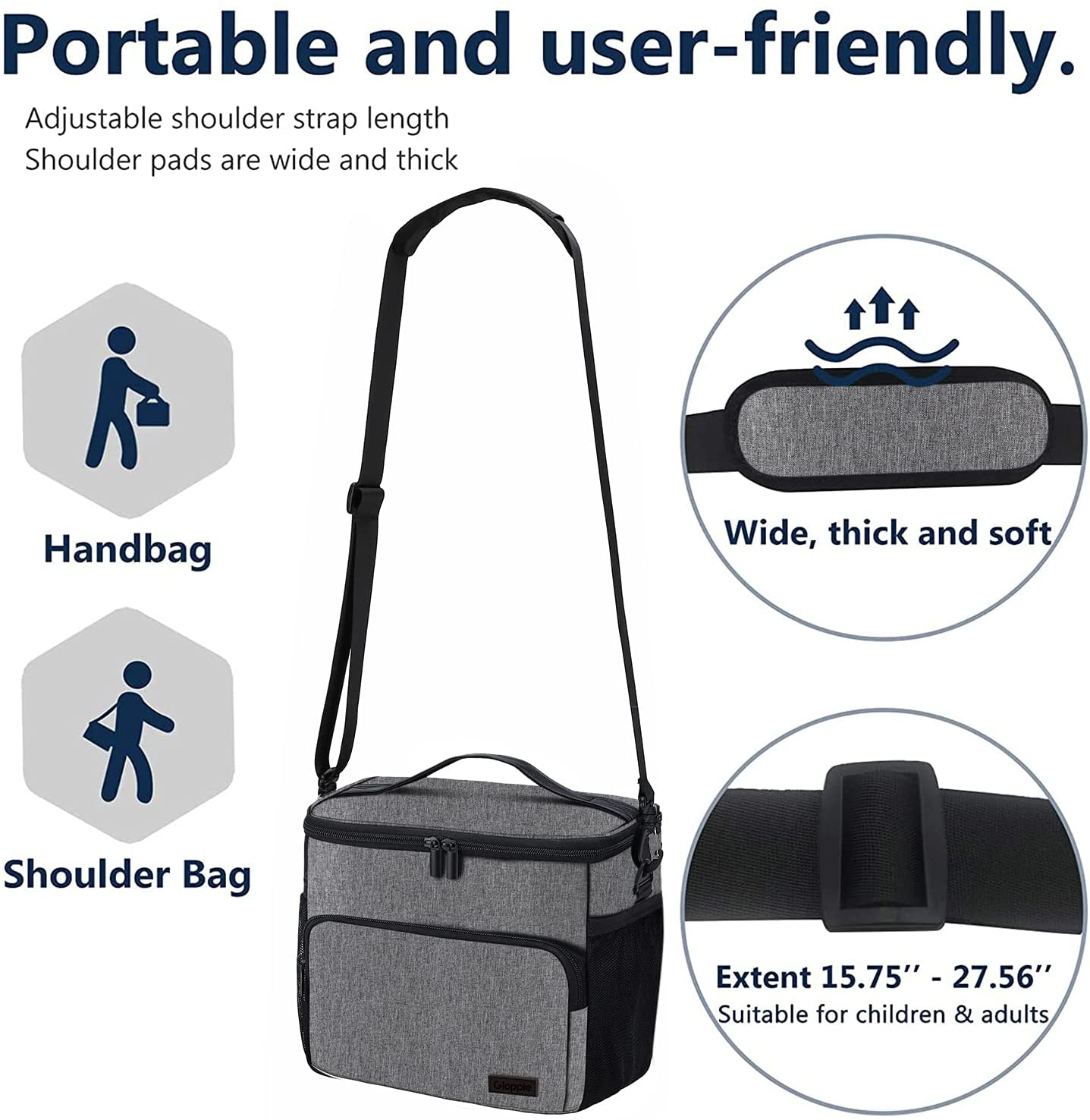 Leakproof Lunch Bag for Men Women Lunch Cooler Bag Insulated Lunch Box Organizer Large Lunch Bags with Adjustable Shoulder Strap Adult Reusable Lunchbag Work Picnic (Grey), by Gloppie