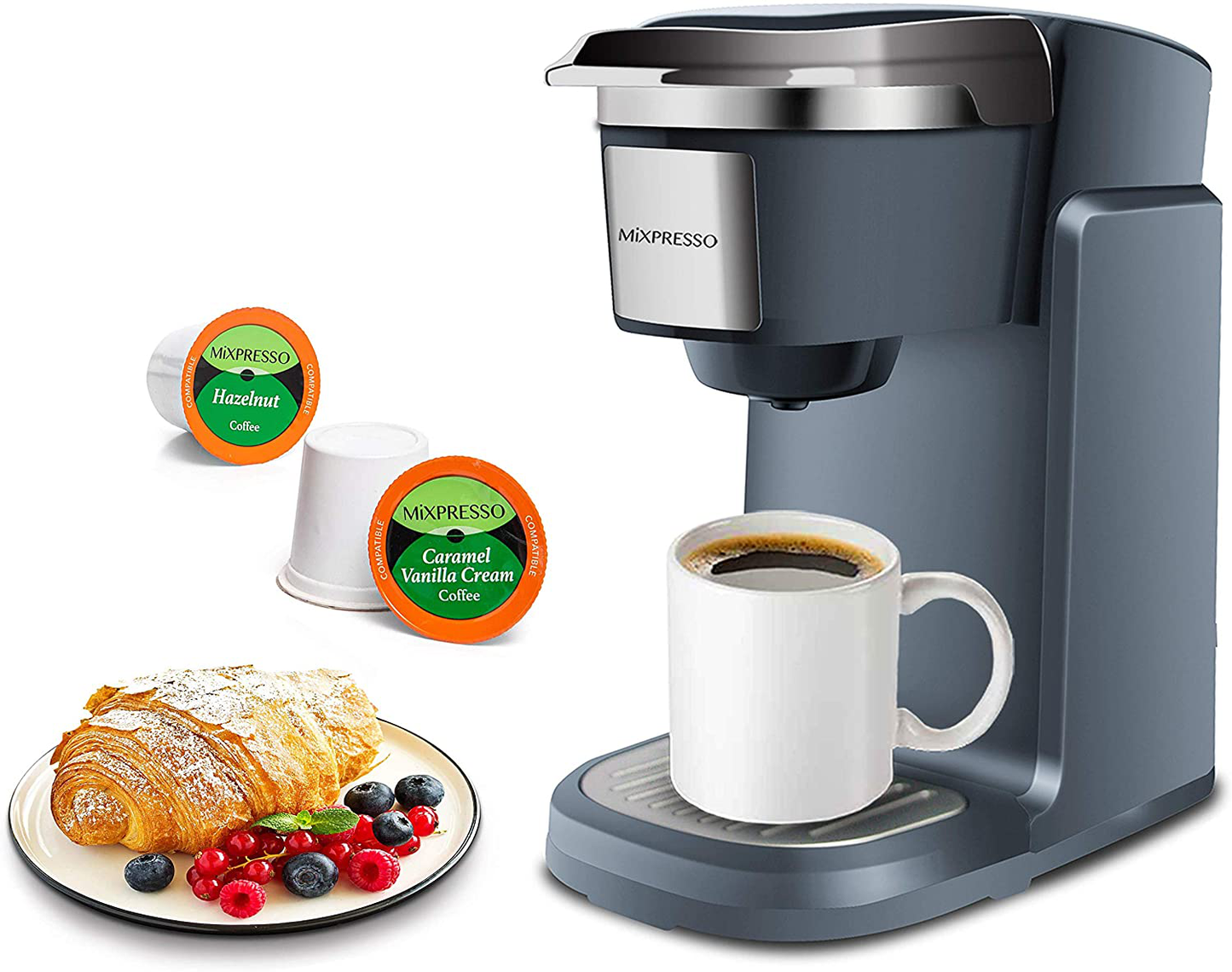 Mixpresso, Single Cup Coffee Maker | Personal Single Serve Coffee Machine, Compatible with KCup | Quick Brew Technology, Programmable Features, One Touch Function (Dark Grey)
