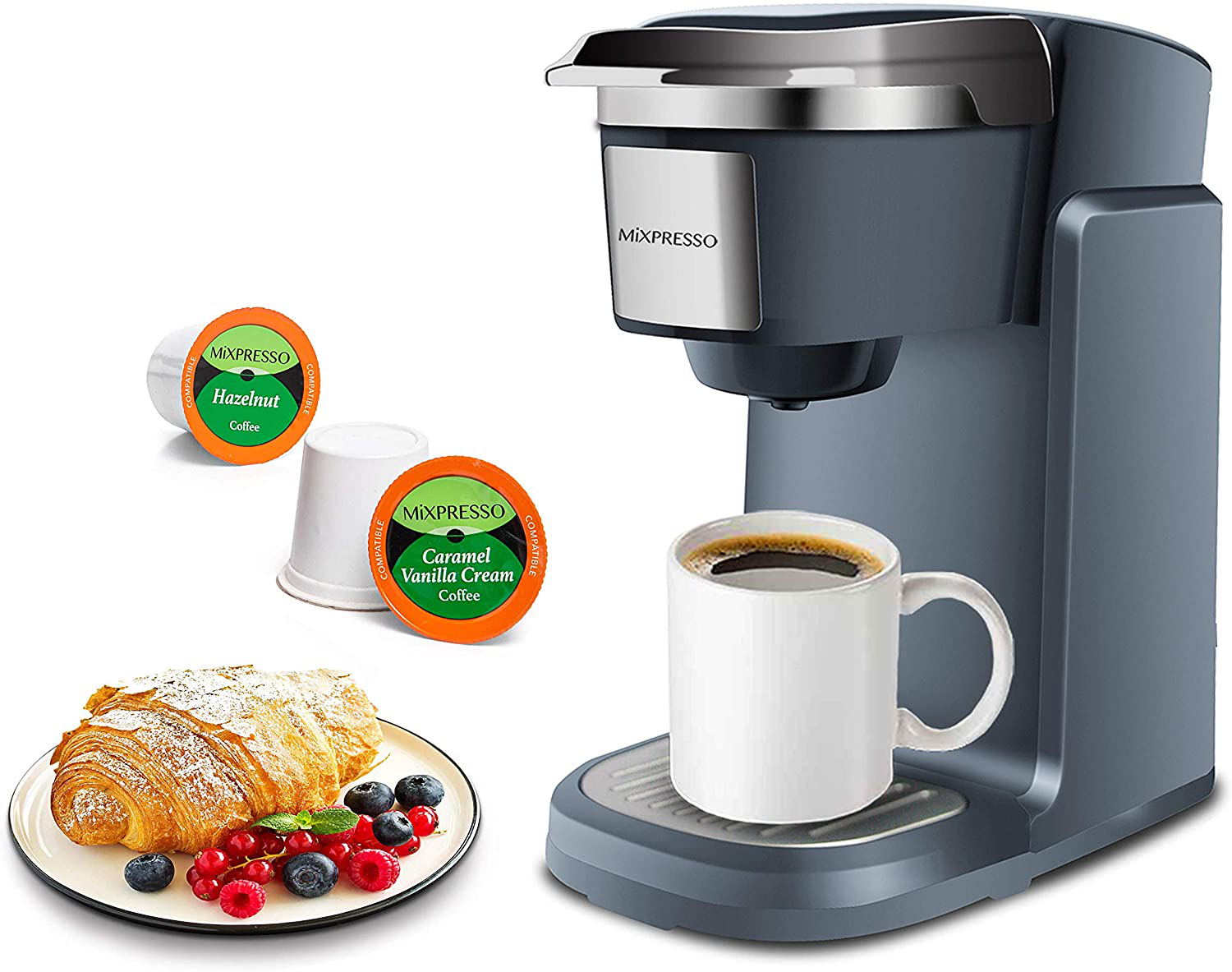 Mixpresso, Single Cup Coffee Maker | Personal Single Serve Coffee Machine, Compatible with KCup | Quick Brew Technology, Programmable Features, One Touch Function (Dark Grey)