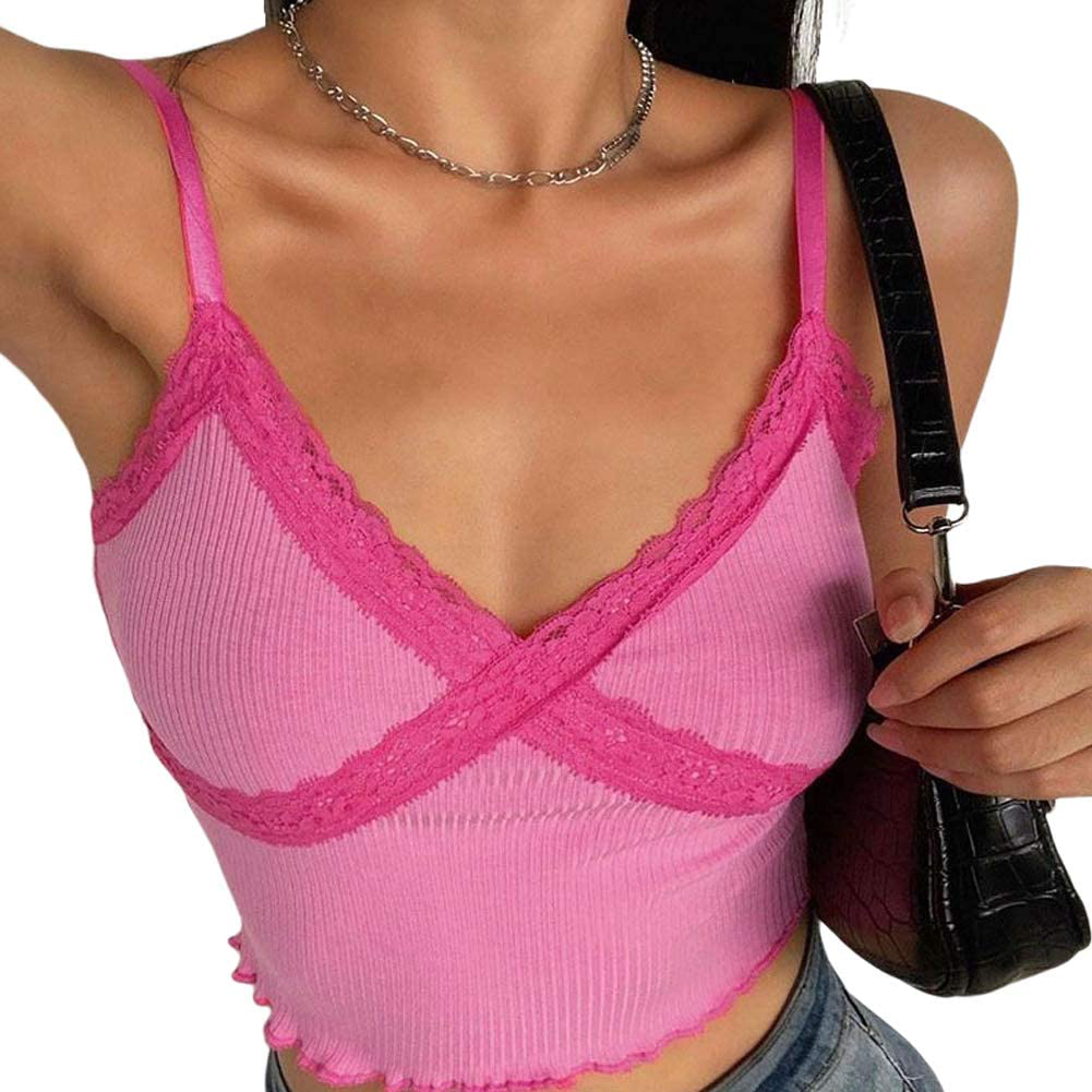 Women Y2K Cropped Tank Tops Sexy V Neck Spaghetti Strap Crop Top Lace Cami Shirt Sleeveless Patchwork Camisole