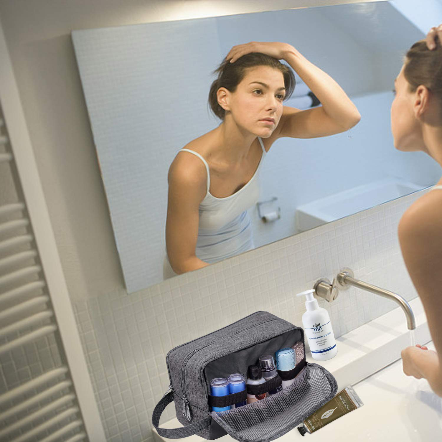 Toiletry Bag Small Nylon Dopp Kit Lightweight Shaving Bag for Men and Women (Denim Grey)