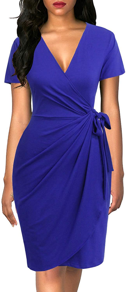 Lyrur Women's Classic V-Neck Casual Party Knee Length Sheath Work Short Sleeve Faux Black Wrap Dress