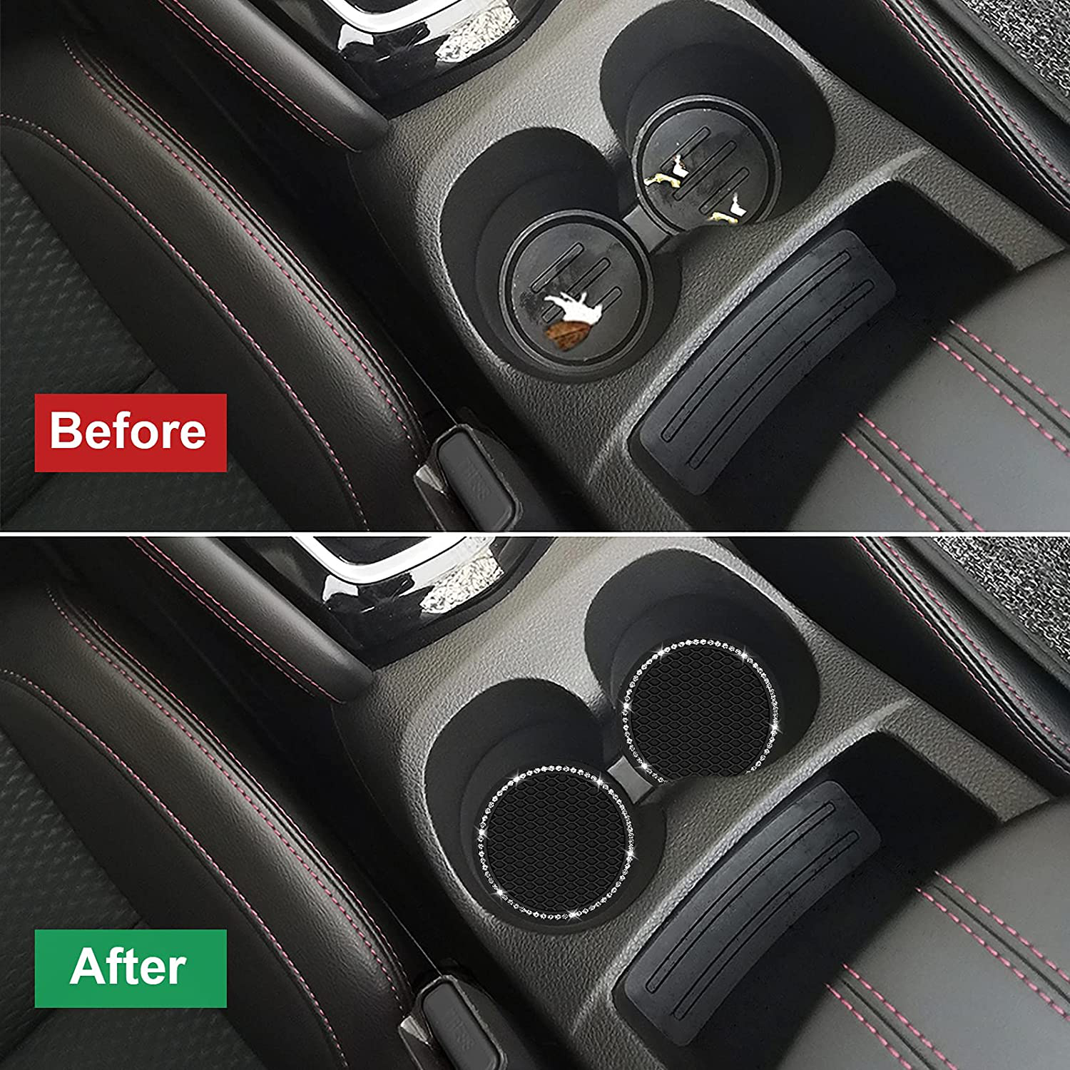 Bling Car Coaster, SHANSHUI 6 Pack Universal Vehicle Cup Holders for Car Cute Silicone Anti-Slip Insert Coaster Crystal Rhinestone Interior Accessories Suitable for Most Cars (Black/ 6Pcs)