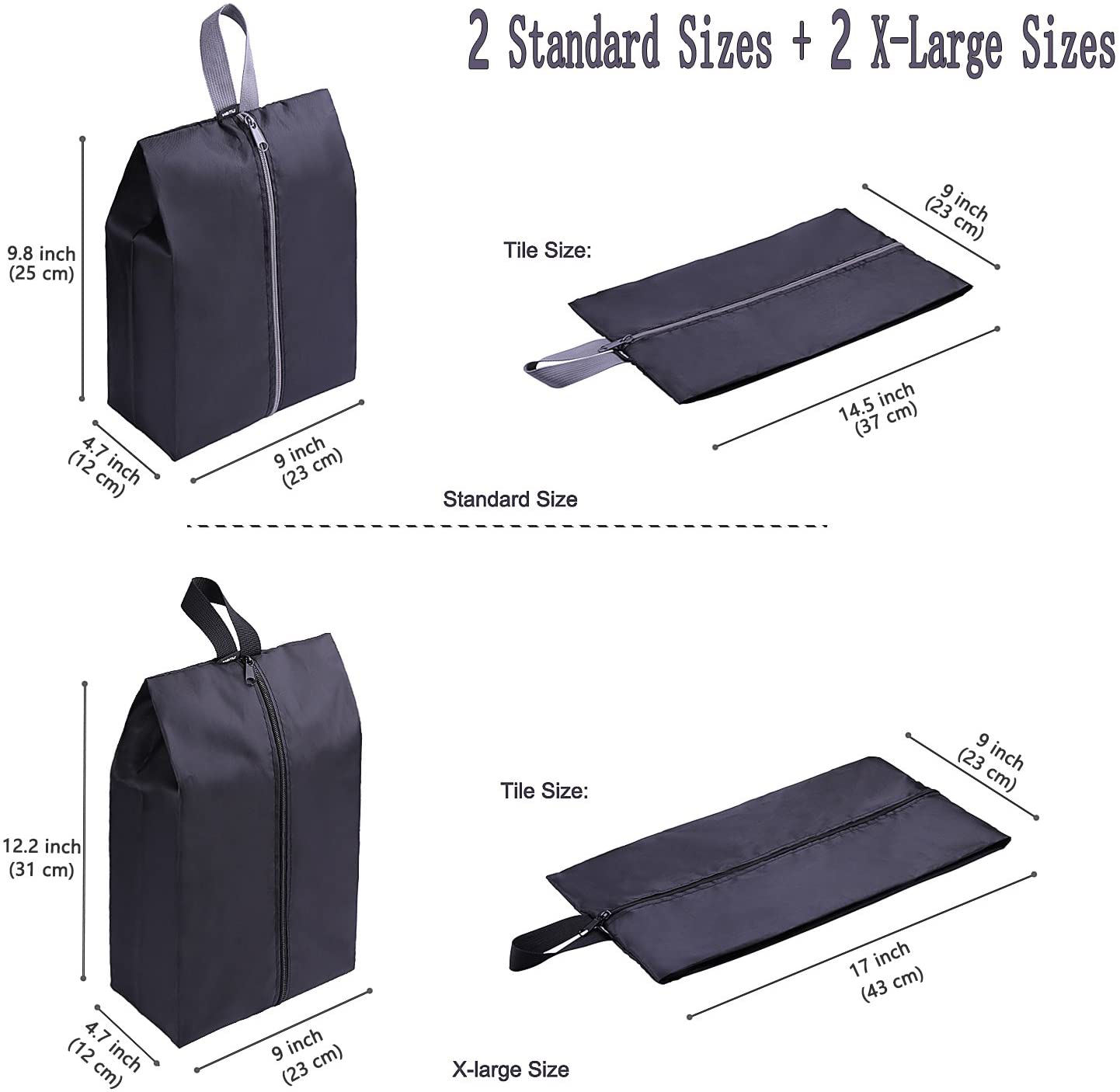 YAMIU Travel Shoe Bags Set of 4 Waterproof Nylon with Zipper for Men & Women, Black
