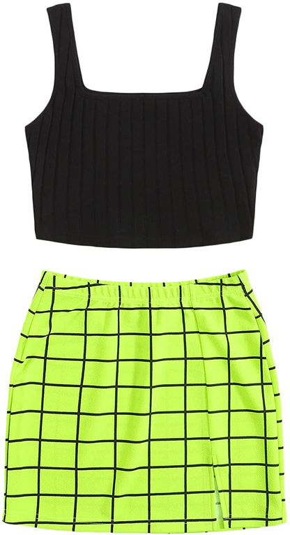 Milumia Women 2 Pieces Outfit Ribbed Knit Crop Tank Top and Plaid Mini Skirt Set