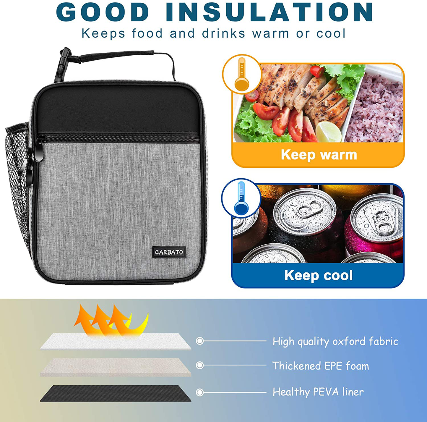 CARBATO Lunch Bag, Durable Insulated Lunch Box Reusable Adults Tote Bag Lunch Bag for Men, Women, Adults (Black Gray)