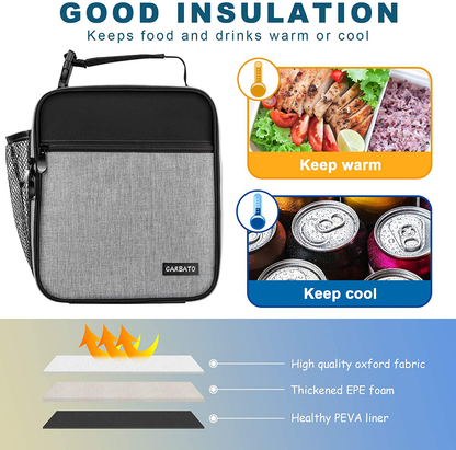 CARBATO Lunch Bag, Durable Insulated Lunch Box Reusable Adults Tote Bag Lunch Bag for Men, Women, Adults (Black Gray)
